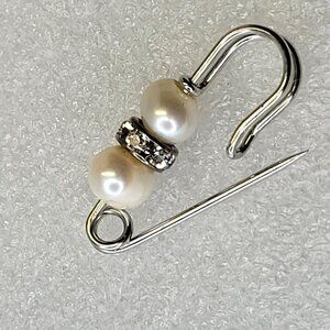 White Pearls and Rhinestone Brooch Safety Pin Brooch